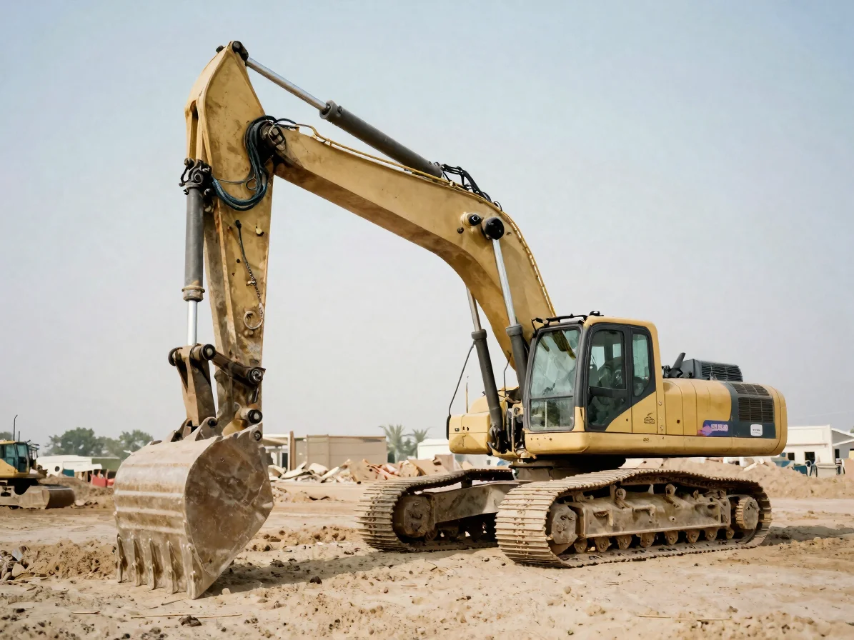 Close industrial photograph of a construction excavator arm and b