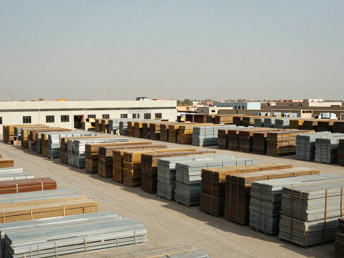 Industrial photograph of stacked building and construction materi