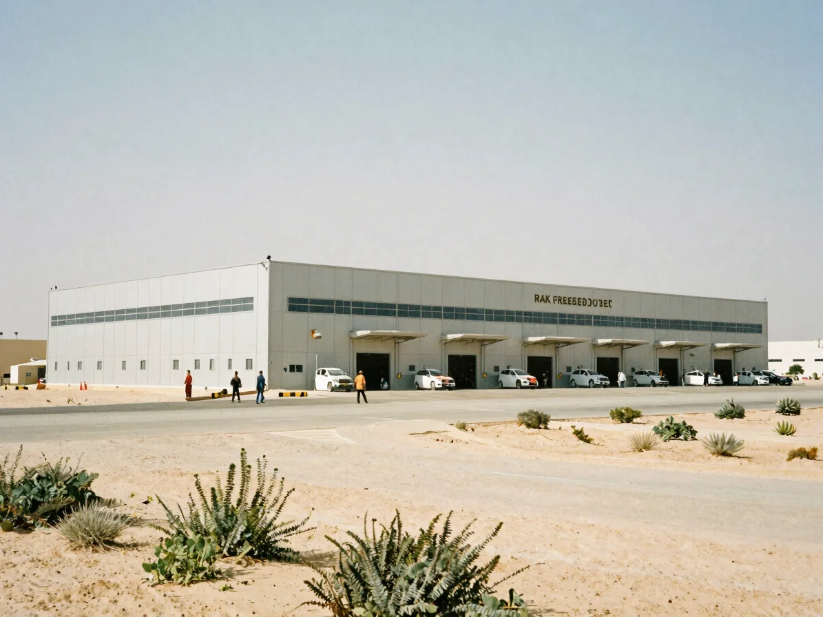 Wide documentary photograph of a RAK Freezone industrial building