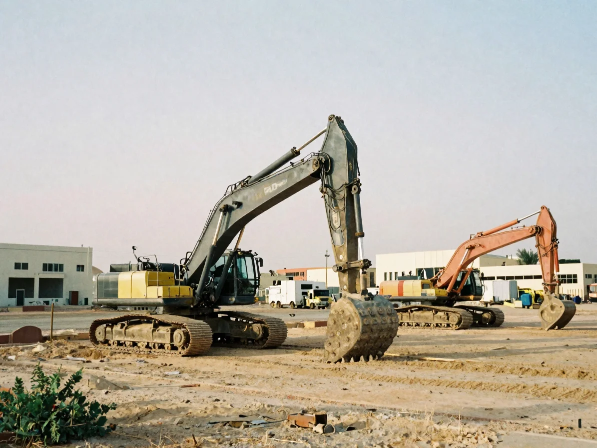 Industrial editorial photograph of heavy construction machinery parked in a RAK Freezone yard, soft Gulf daylight, restr